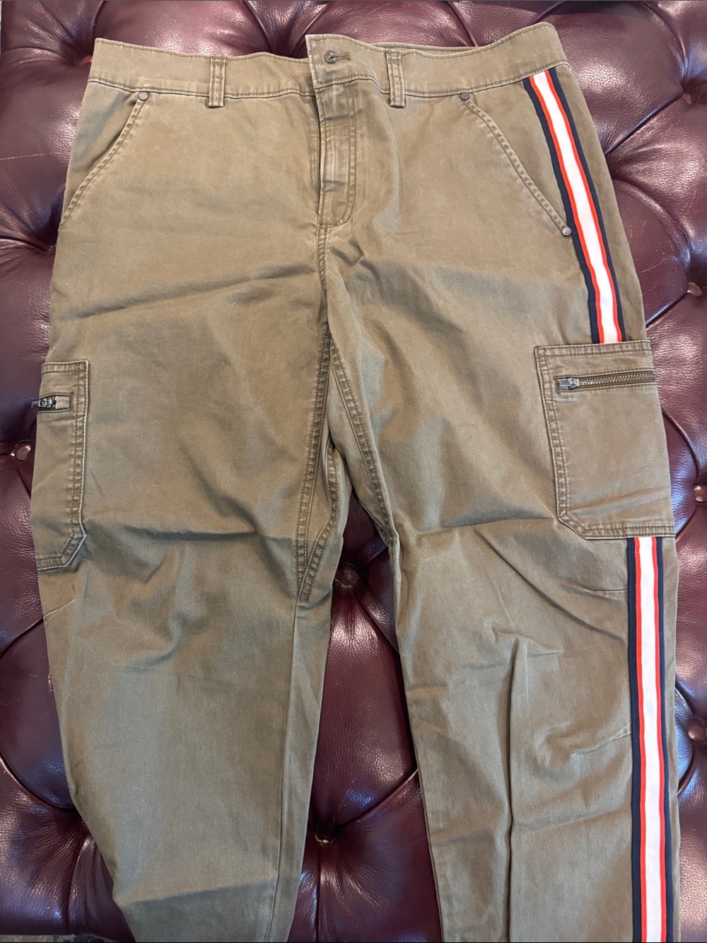Women’s Olive Cargo Pants with Red-White-Blue Side Stripe